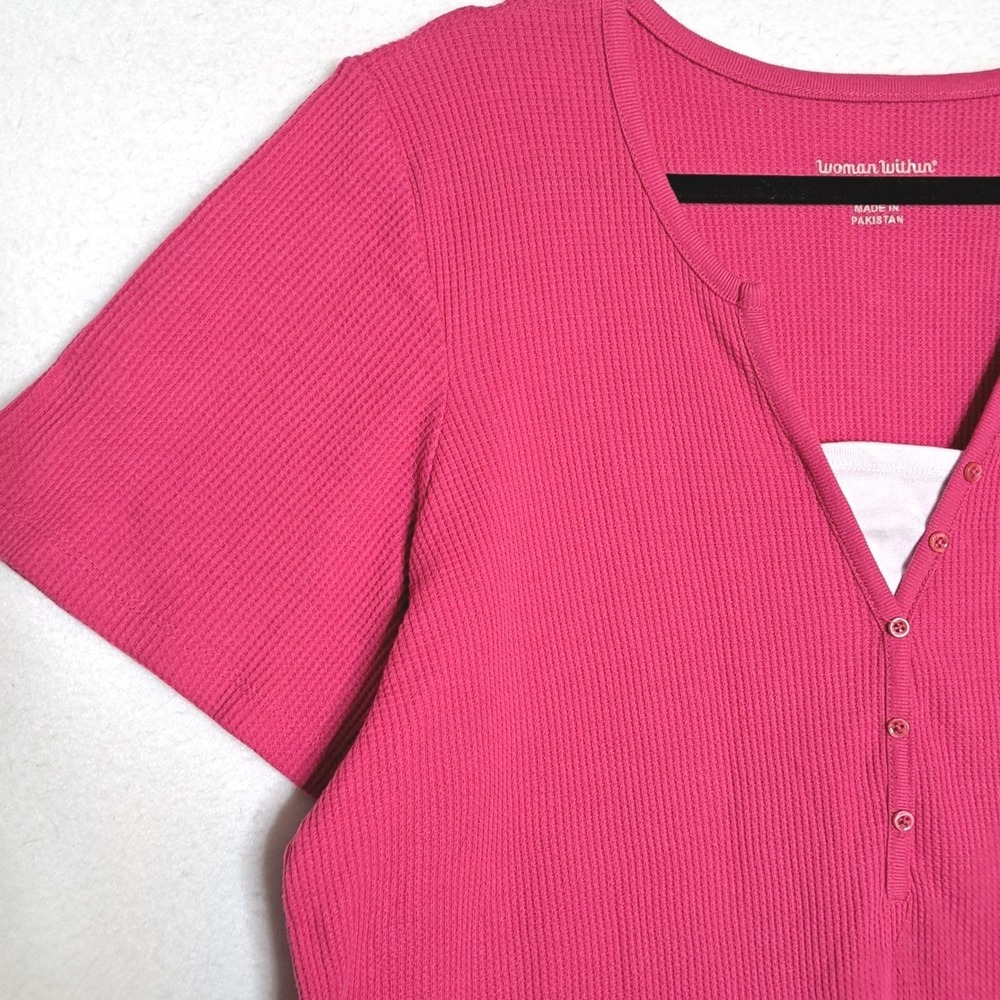 Woman Within Henley Top Womens 22/24 Pink Waffle Knit Short Sleeve Button Neck - Picture 8 of 13